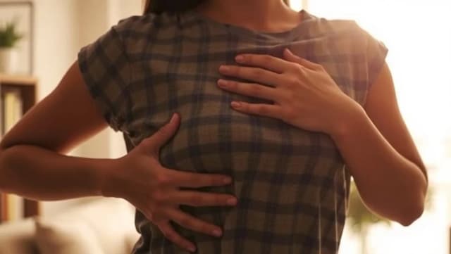 Ont i bröstet vänster sida kvinna